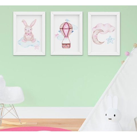 Quadro Bebê Infantil Menina Coelho Nuvem Balão Aquarela Kit 3 Peças