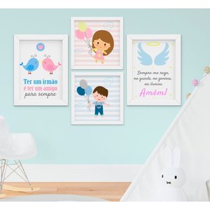 Quadro Infantil Bebê Menina Menino Irmãos Kit 4 Peças