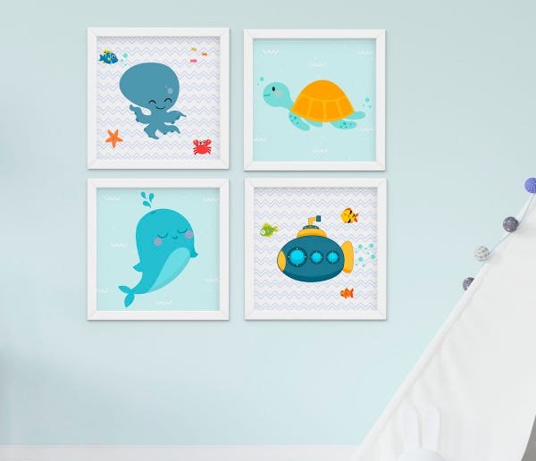 Quadro Bebê Infantil Menino Fundo do Mar Kit 4 Peças