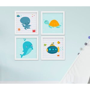Quadro Bebê Infantil Menino Fundo do Mar Kit 4 Peças