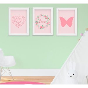 Kit Quadro Infantil Bebê Menina Floral Borboleta Coração 3 Peças