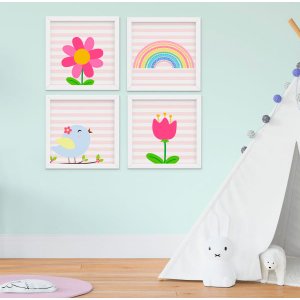 Quadro Infantil Quarto Bebê Menina Passarinho Jardim Flores Kit 4 Peças