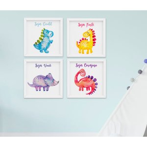 Quadro Infantil Bebê Menino Dinossauro Aquarela Kit 4 Peças