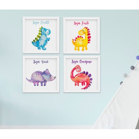 Quadro Infantil Bebê Menino Dinossauro Aquarela Kit 4 Peças