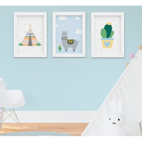 Quadro Infantil Bebê Menino Lhama e Cabana Kit 3 Peças