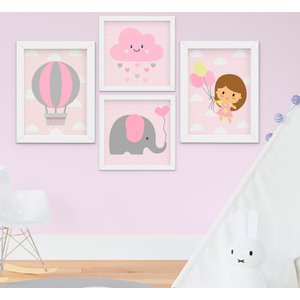 Quadro Infantil Bebê Menina Elefante Nuvem Balão Kit 4 Peças