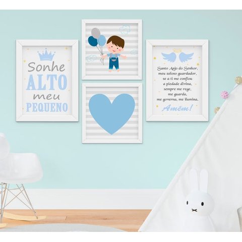 Quadro Infantil Bebê Menino Santo Anjo Sonhe Alto Kit 4 Peças