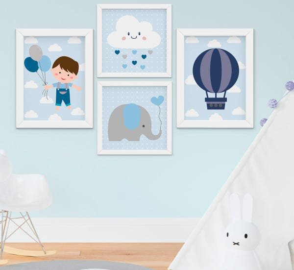 Quadro Infantil Bebê Menino Elefante Nuvem Balão Kit 4 Peças