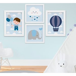 Quadro Infantil Bebê Menino Elefante Nuvem Balão Kit 4 Peças