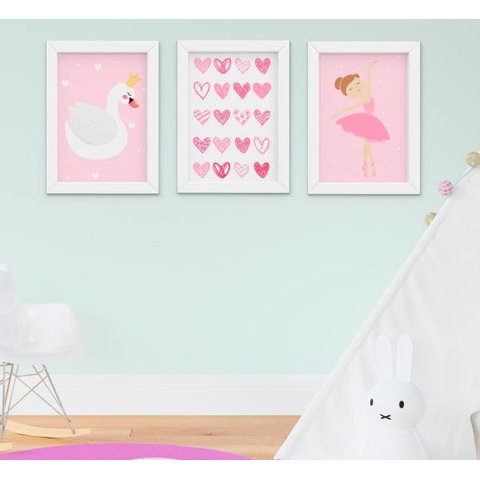 Quadro Decorativo Infantil Menina Bailarina Cisne Kit 3 Peças