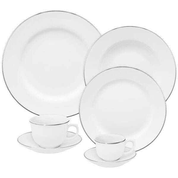 Aparelho de Jantar/Chá e Café 42 Peças de Porcelana Isabel Branco C/Filete Prata Oxford