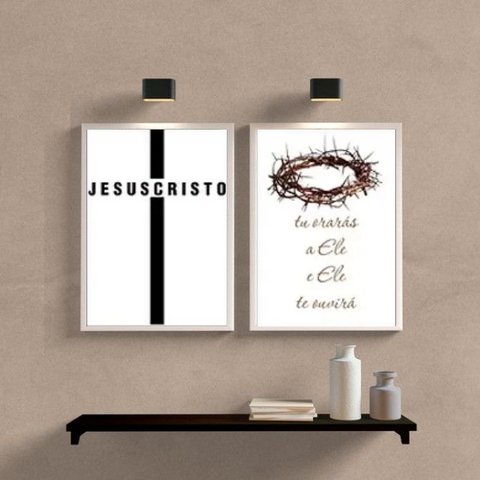 Kit 2 Quadros Minimalistas Evangélicos- Jesus Cristo 33x24cm - com Vidro:madeira Preta