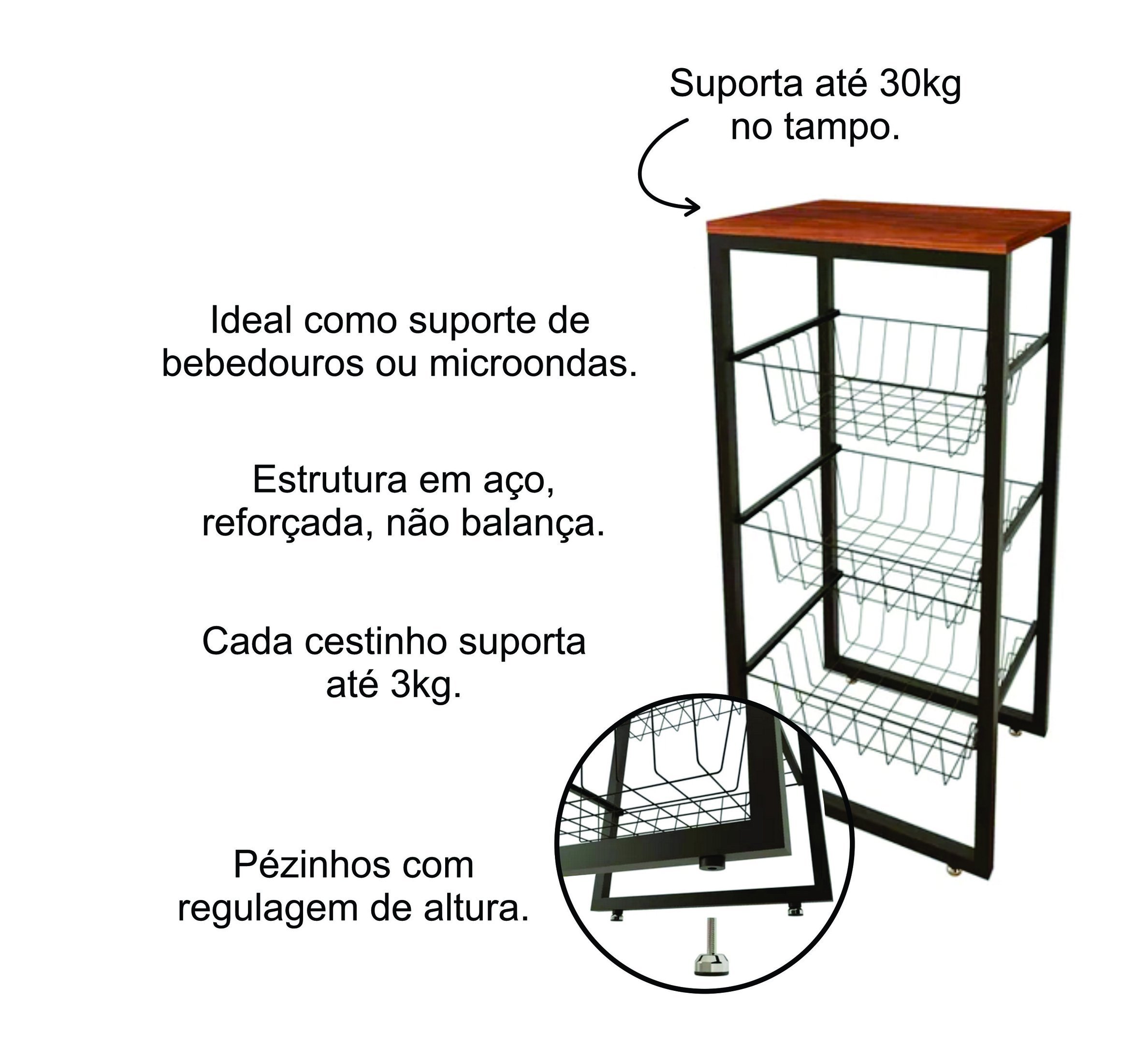 Fruteira De Chão Cozinha Preto Aço P Bebedouro Ou Microondas - 3