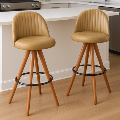 Kit 2 Banquetas Giratória com Assento Estofado e Base em Madeira Castanho – Lara Exclusiva Courino D