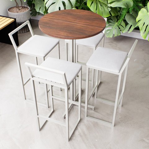 Conjunto Mesa Alta Bar Bistrô Redonda Imbuia 4 Banquetas Estofado Branco Ind White Don Castro