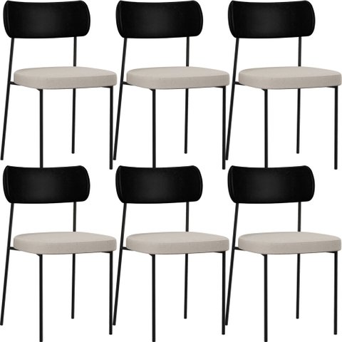 Kit 06 Cadeiras para Sala de Jantar Melina L02 Couríssimo Preto Linho Cru - Lyam Decor