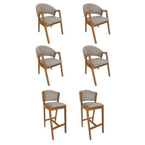 Kit 4 Cadeiras de Jantar Helen Madeira Maciça com 2 Banquetas Ana Premium Linho - Bege