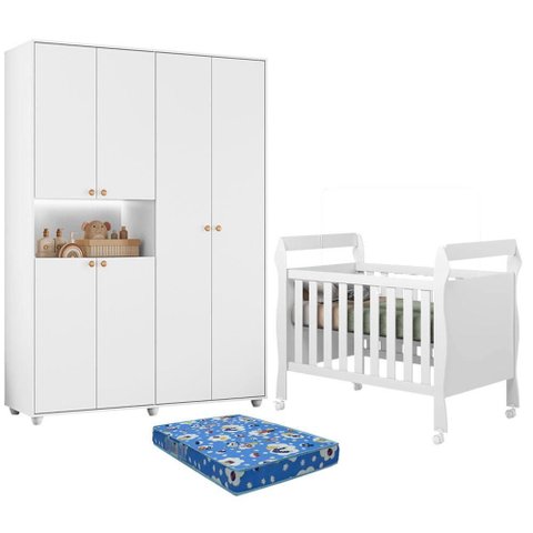 Berço Americano Mini Cama Soninho com Colchão Ortobom com Guarda Roupa Infantil Vittoria 6 Portas