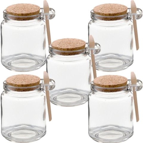 Kit 5 Pote Vidro Borossilicato 240ml Colher de Madeira Rolha