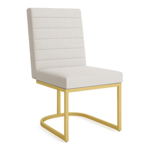 Poltrona Cadeira de Jantar Base de Ferro Mirelle Bordado Horizontal Linho Bege