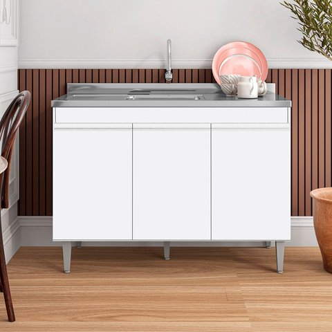 Balcão de Cozinha com Pia Inox 120cm 3 Portas Manu Branco - AJL Móveis