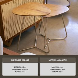 Conjunto de Mesinhas Laterais Orgânica Industrial Moderno para Sala - Madeira Maciça Base Champanhe - 3