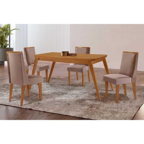 Sala de Jantar Completa Havana C/ Tampo Madeirado Canto Curvo 120x80cm e 4 Cadeiras Tilia Naturale