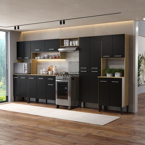 Armário de Cozinha Compacta Arizona Linea Carraro Carvalho com Preto