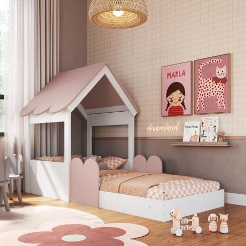 Cama Montessoriana Infantil Casinha Solteiro C/ Proteção Branco/rosa - Completa Móveis
