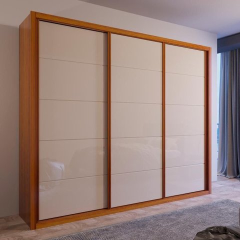 Guarda Roupa Casal Imperius 3 Portas de Correr 6 Gavetas MDF Naturale-Off Bom Pastor Móveis 271cm