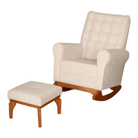 Poltrona de Amamentação e Descanso Paris com Base Balanço e Puff Bouclé Off White - Desk Design