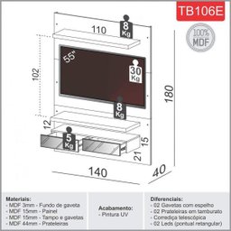 Painel Tv 55" Suspenso 1,40m com Luzes Led e Espelhos 100% Mdf Tb106e Dalla Costa - 4