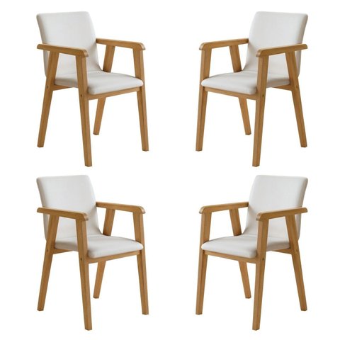 Kit 4 Cadeiras com Braço para Sala de Jantar Pés Madeira Maciça Flora Bege/Cinamomo/Veludo Palha