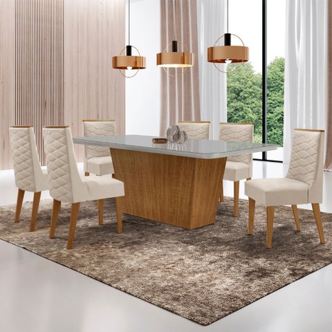 Mesa para Sala de Jantar Aida 180cm Mdf Canto Copo com Vidro e 6 Cadeiras Safira