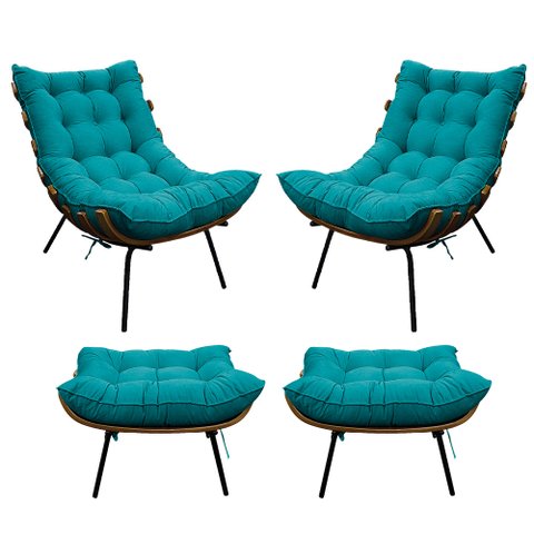 Kit 02 Poltronas e 02 Puffs Costela Base Fixa Suede - Doce Sonho Móveis - Azul Turquesa