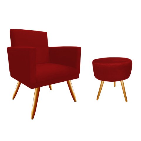 Kit Poltrona Decorativa Bia + Puff Redondo Suede Vermelho Pés Madeira Mz Decor