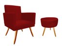 Ver imagem 1 de Kit Poltrona Decorativa Bia + Puff Redondo Suede Vermelho Pés Madeira Mz Decor
