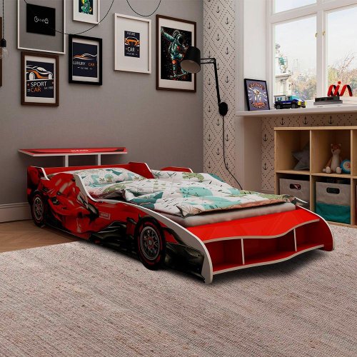 Mini Cama Infantil Carro de Corrida Vermelho + Colchão e Protetor