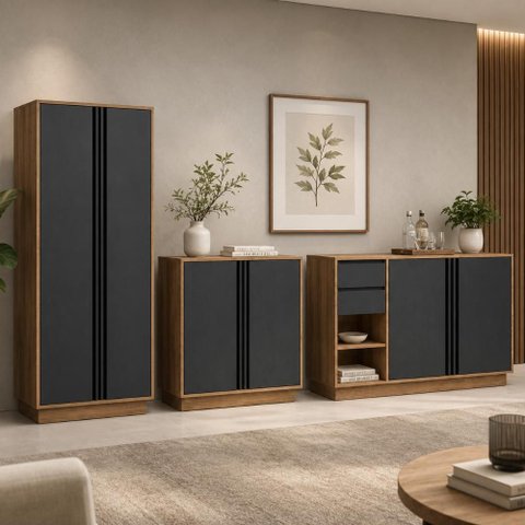 Conjunto Escritório Office 3 Peças, Armário Alto 2 Portas e Armário Baixo 4 Portas, 2 Gavetas,