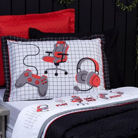 Jogo de Cama Lençol Casal Padrão Game Streamer Branco/vermelho com Fronhas e Virol Estampados 04