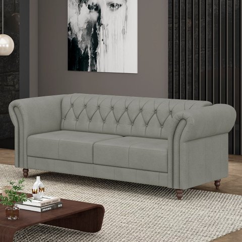 Sofá Living Sala de Estar Stanford Chesterfield 2 Lugares 180cm Pés de Madeira Couro Cinza G58 - Gra