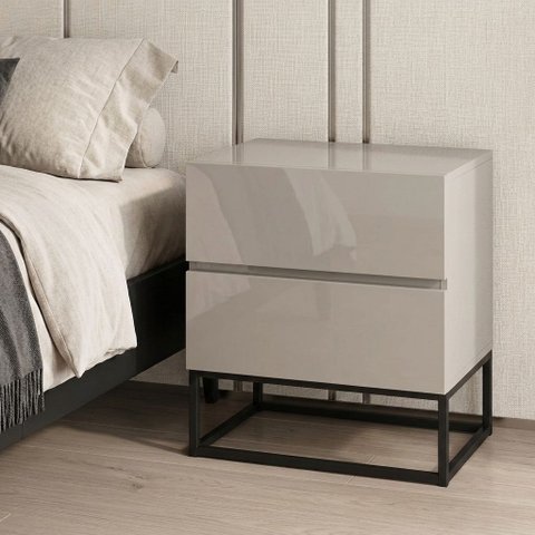 Criado Mesa de Cabeceira Eros 45cm 2 Gavetas MDF Moderno Off White Pés de Ferro Industrial Preto
