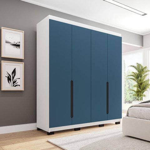 Roupeiro Solteiro Madri 4 Portas 4 Gavetas 161x214cm Azul/Branco 250701