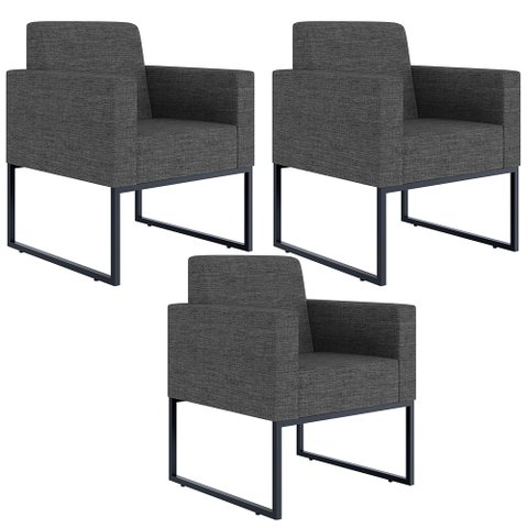 Kit 3 Poltronas Decorativa Sala e Recepção Base Fixa Metal Helô L02 Linho Cinza Escuro - Lyam