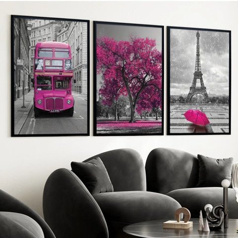 Kit 3 Quadros Fotografias Rosa - Paris Londres Árvore 45x34cm - com Vidro:moldura Preta