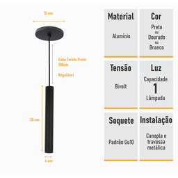 Kit 2 Pendente Tubo Palito 30cm - Preto + Lampada Led 4w - 4