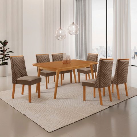 Mesa de Jantar Copper 180cm Tampo MDF Canto Copo Laminado e 6 Cadeiras Yasmin