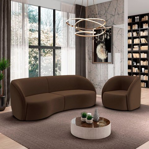 Conjunto Sofá Sala de Estar Bipartido 240cm e Poltrona Clarke Veludo Marrom G45 - Gran Belo