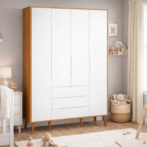Roupeiro Elfe Retro 4 Portas 3 Classic Gavetas Branco Fosco com Savana - Moveisaqui