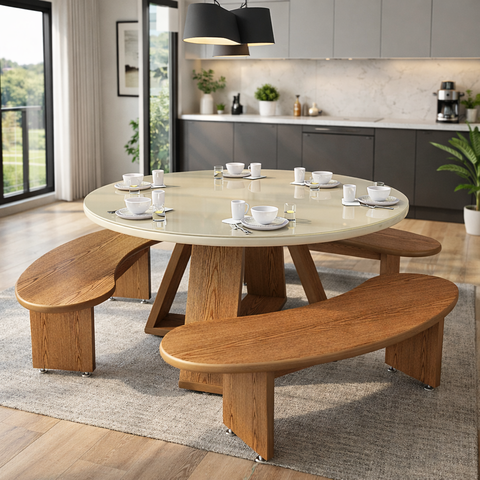 Mesa Redonda de Jantar 110cm Off White com Bancos Curvos Nature
